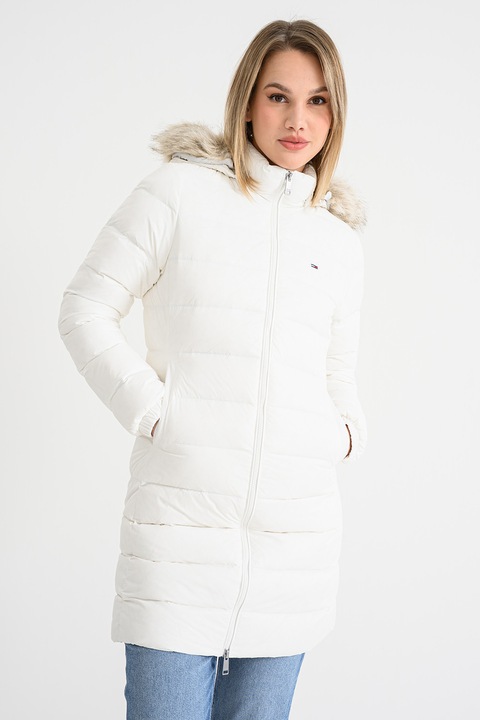 Tommy Jeans, Geaca cu umplutura de puf, gluga si garnitura de blana sintetica, Alb/Alb murdar