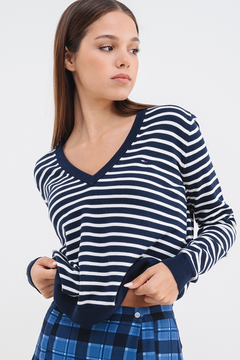 Tommy Jeans, Pulover cu torsade si decolteu in V, Bleumarin, M