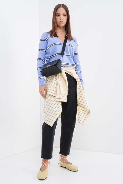 Tommy Jeans, Pulover din bumbac organic cu decolteu in V, Alb/Albastru lavanda/Gri antracit