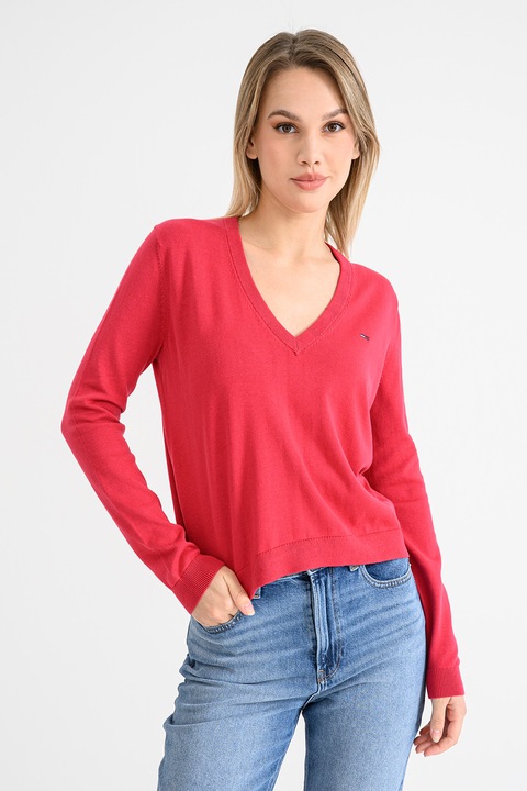Tommy Jeans, Pulover din bumbac organic cu decolteu in V, Roz aprins