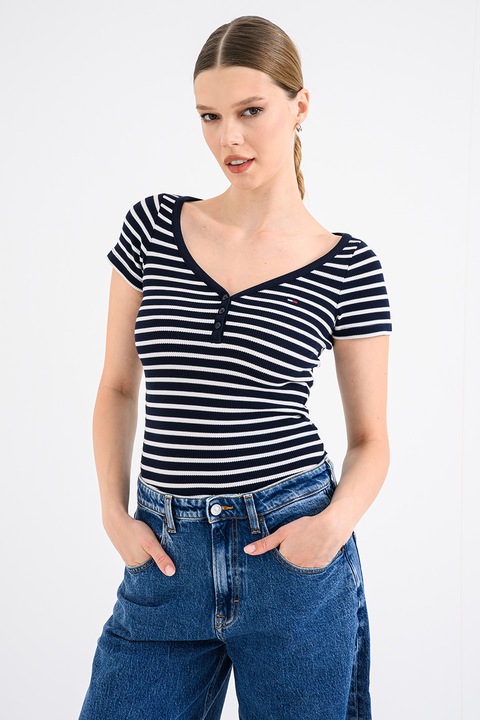 Tommy Jeans, Tricou slim fit cu decolteu in V si striatii, Alb optic/Bleumarin
