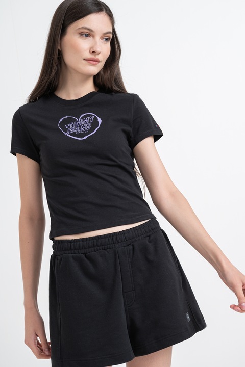Tommy Jeans, Tricou crop cu detaliu logo, Negru/Albastru lavanda