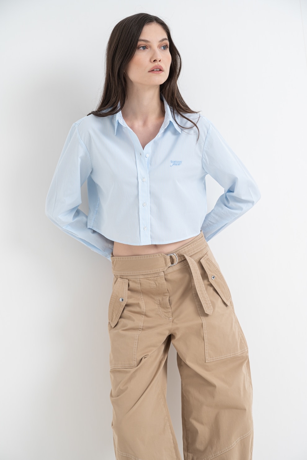 Tommy Jeans, Camasa crop cu maneci lungi, Alb, Albastru deschis, M