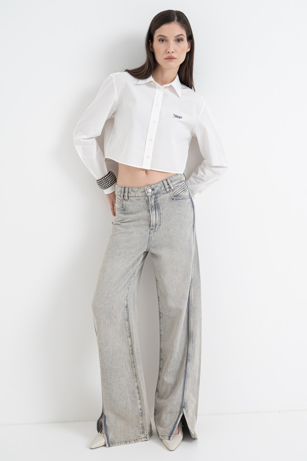 Tommy Jeans, Camasa crop cu maneci lungi, Alb, S