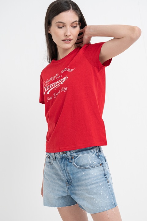 Tommy Jeans, Tricou cu imprimeu text, Rosu/Alb