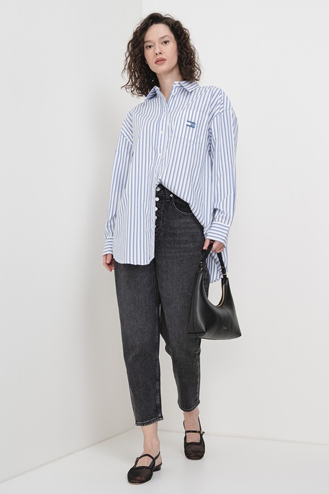 Tommy Jeans, Camasa lejera din amestec de bumbac organic cu model in dungi, Alb/Albastru