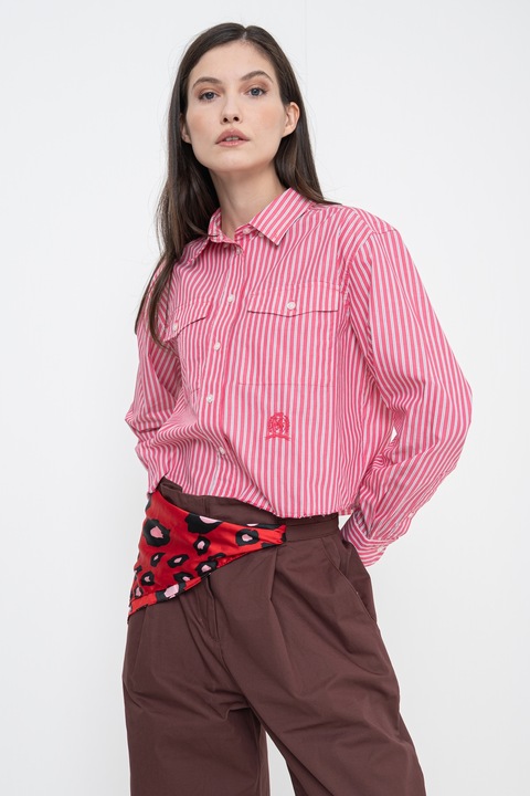 Tommy Jeans, Camasa relaxed fit crop, Alb/Roz inchis, S