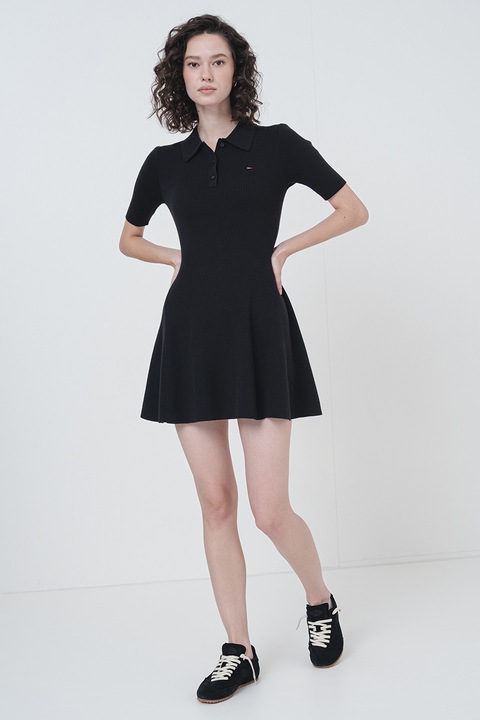 Tommy Jeans, Rochie polo slim fit din bumbac, Negru