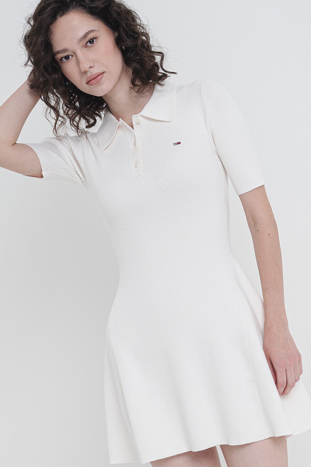 Tommy Jeans, Rochie polo slim fit din bumbac, Alb fildes, S