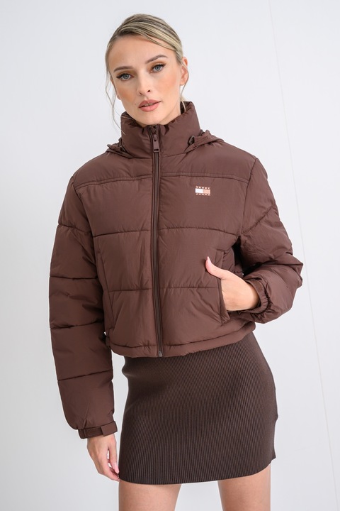 Tommy Jeans, Jacheta bufanta crop cu guler, Maro scortisoara