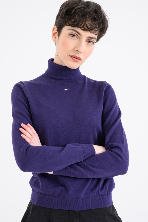 Tommy Jeans, Pulover din bumbac organic cu guler inalt si model uni, Violet