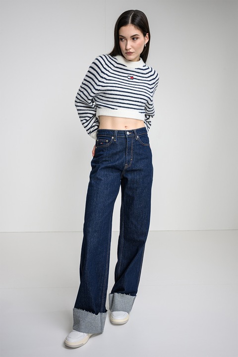 Tommy Jeans, Pulover crop cu detaliu logo, Alb/Bleumarin