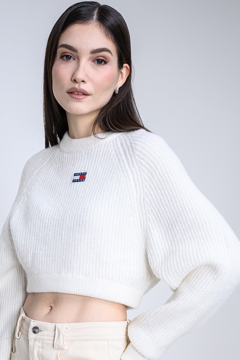 Tommy Jeans, Pulover crop cu detaliu logo, Alb