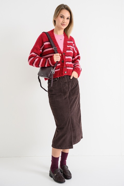 Tommy Jeans, Cardigan lejer cu model in dungi si decolteu in V, Rosu/Maro cognac/Roz