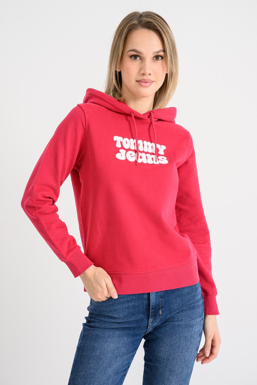 a♡ Tommy Jeans, Hanorac de bumbac cu imprimeu logo, Alb, Roz aprins