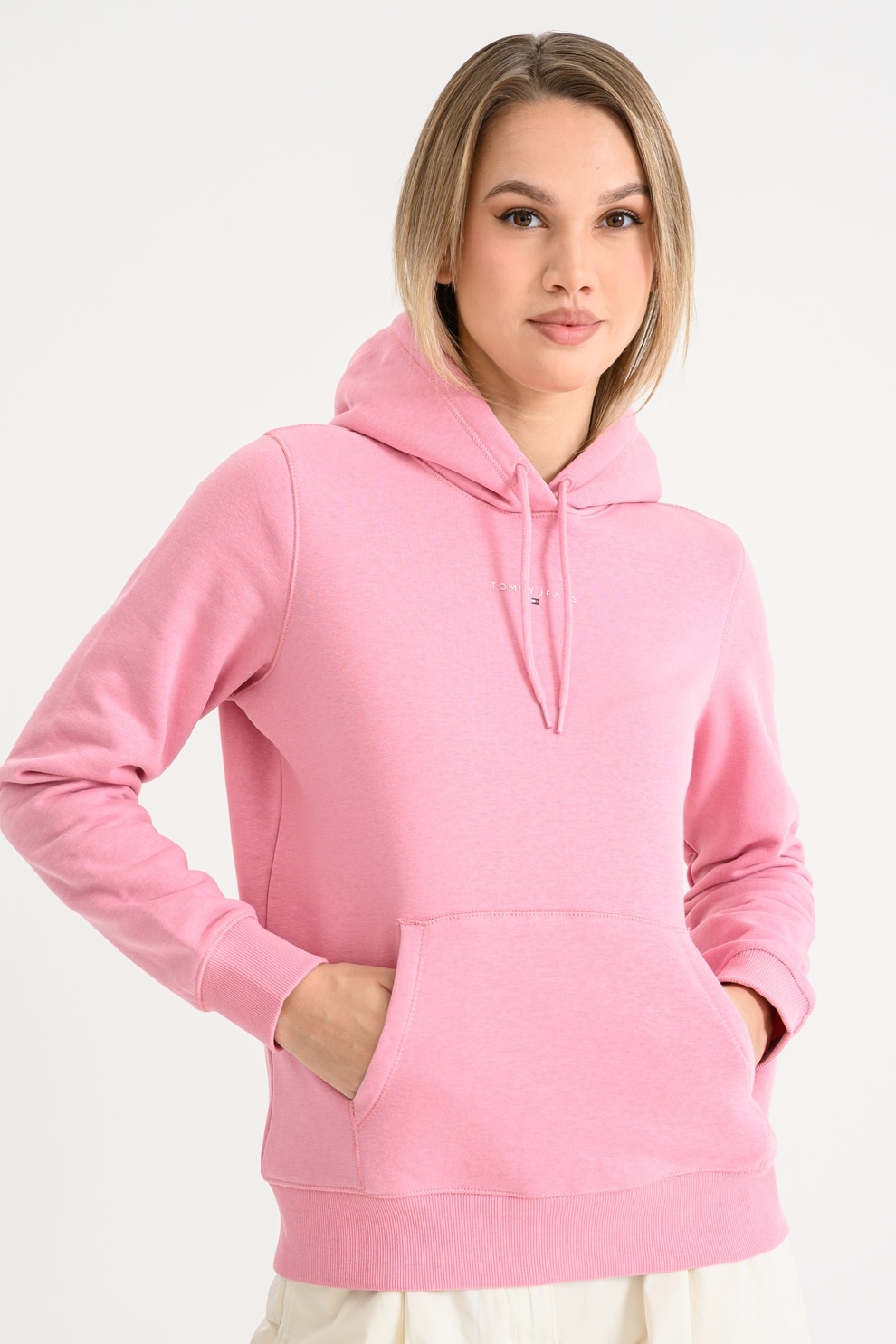 Tommy Jeans, Hanorac cu buzunar kangaroo si detaliu logo, Roz, M