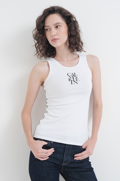 CALVIN KLEIN JEANS, Слим танк топ с лого, Черен/Бял