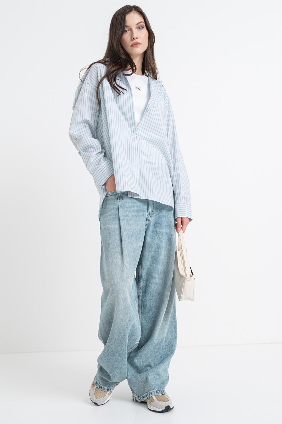CALVIN KLEIN JEANS, Camasa supradimensionata cu maneci lungi, Negru, Verde menta, S