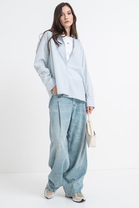 CALVIN KLEIN JEANS, Уголемена риза с дълги ръкави, Черен/Ментово зелено