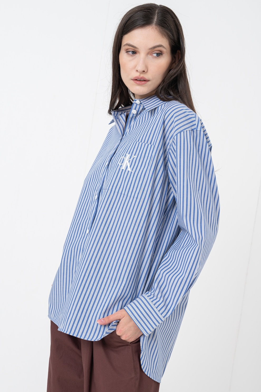 CALVIN KLEIN JEANS, Camasa supradimensionata cu maneci lungi, Alb, Albastru prafuit, S