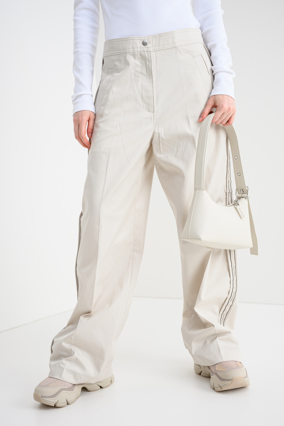 CALVIN KLEIN JEANS, Pantaloni ampli cu benzi logo, Crem, 4