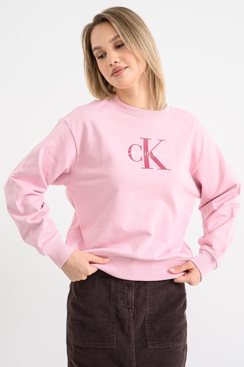 CALVIN KLEIN JEANS, Bluza de trening cu maneci cazute si imprimeu logo, Visiniu/Roz pastel
