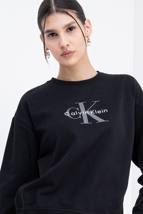 CALVIN KLEIN JEANS, Bluza de trening cu maneci cazute si imprimeu logo, Negru
