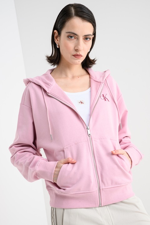 CALVIN KLEIN JEANS, Hanorac cu fermoar si maneci cazute, Roz pastel