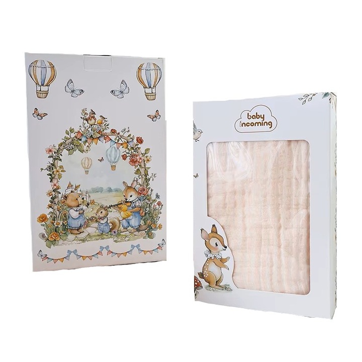 Muszlin babatakaró, 110*105cm, 6 rétegű, rózsaszín, dobozban, Funny Party Shop®