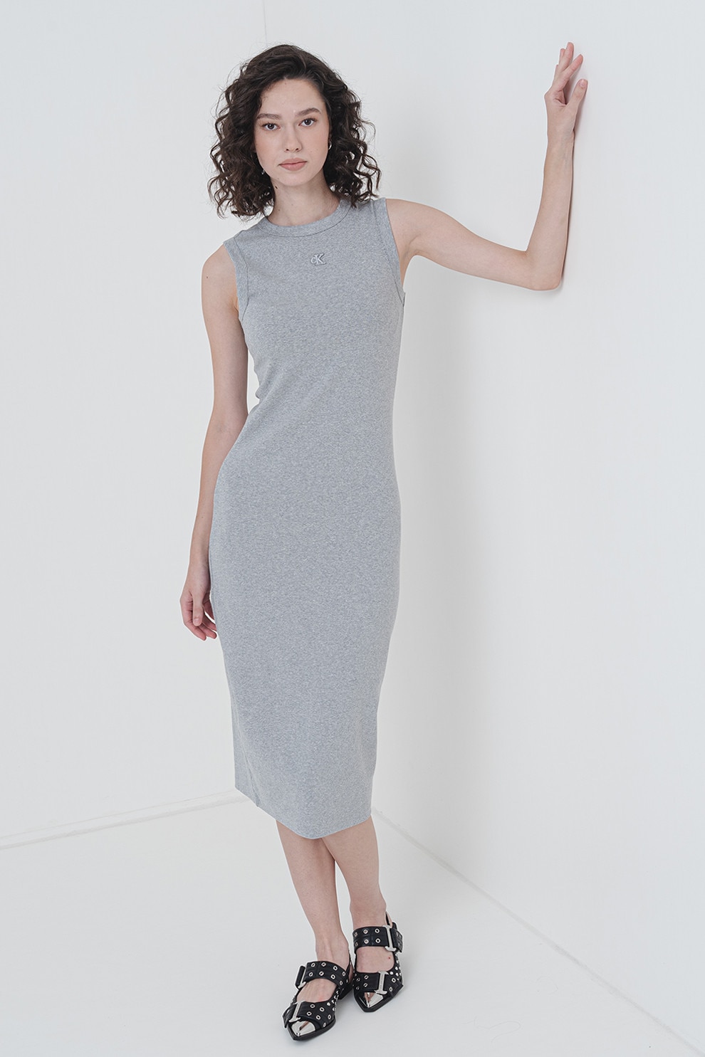 CALVIN KLEIN JEANS, Rochie midi cu croiala dreapta si decolteu la baza gatului, Gri deschis, S