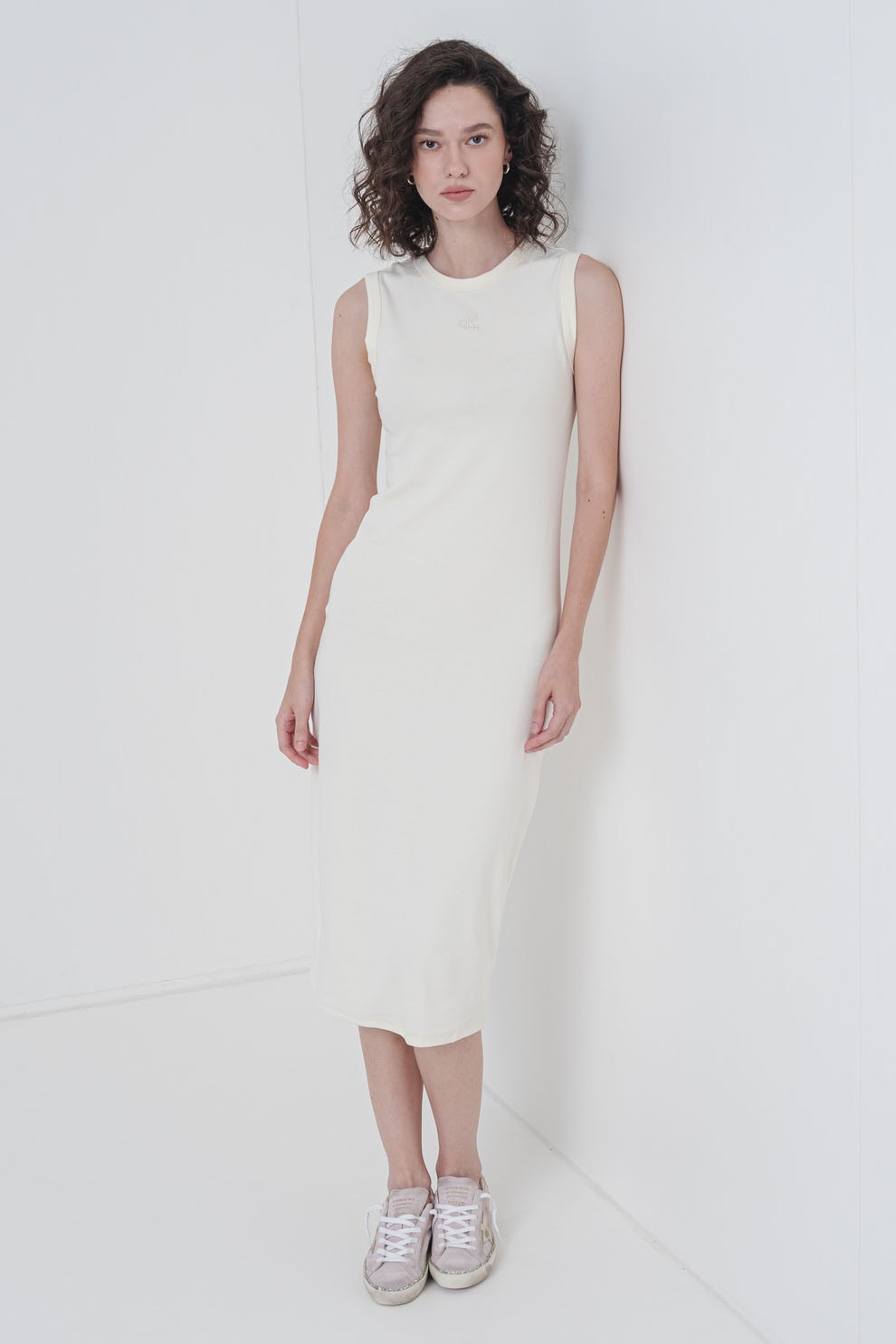 CALVIN KLEIN JEANS, Rochie midi cu croiala dreapta si decolteu la baza gatului, Galben pal, S
