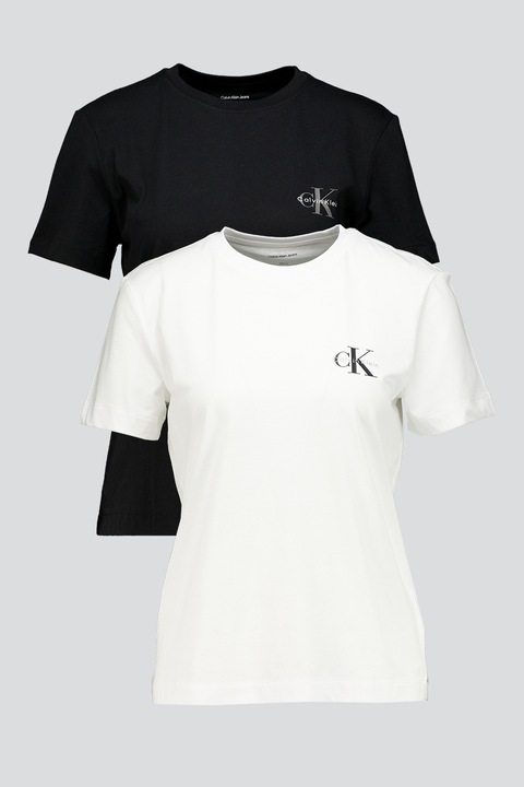 CALVIN KLEIN JEANS, Set de tricouri cu decolteu la baza gatului si logo pe piept- 2 piese, Alb/Negru