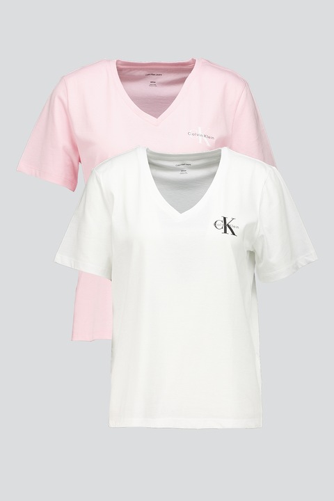 CALVIN KLEIN JEANS, Set de tricouri cu decolteu in V si logo - 2 piese, Alb/Roz