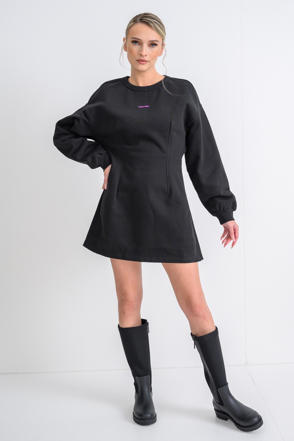 CALVIN KLEIN JEANS, Rochie mini din bumbac cu maneci bufante, Negru, S