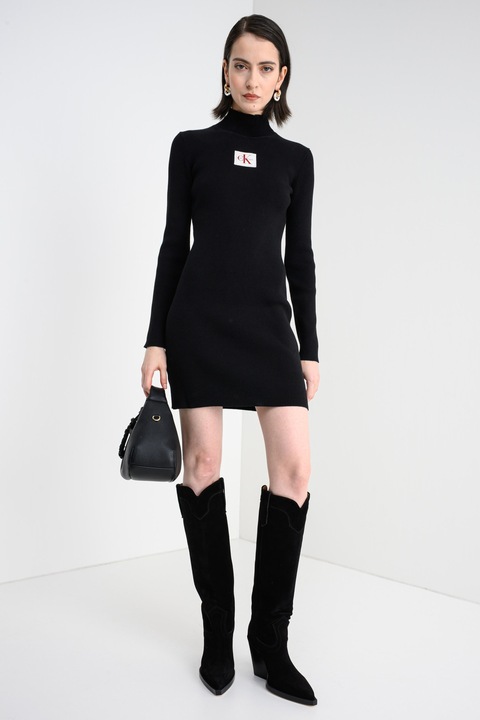 CALVIN KLEIN JEANS, Къса рипсена рокля по тялото, Черен