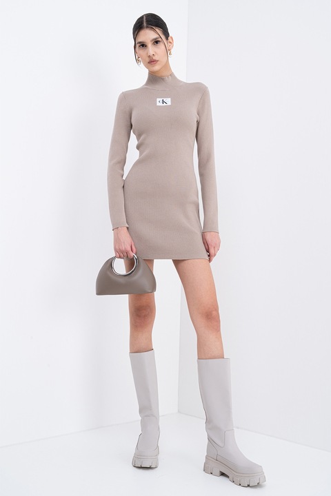 CALVIN KLEIN JEANS, Къса рипсена рокля по тялото, Бежов