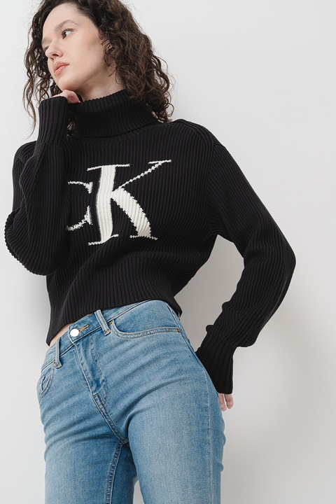 CALVIN KLEIN JEANS, Logómintás crop pulóver, Fekete/Törtfehér