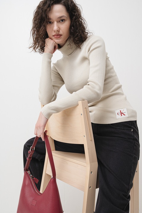 CALVIN KLEIN JEANS, Pulover cu guler inalt si aplicatie logo, Grej