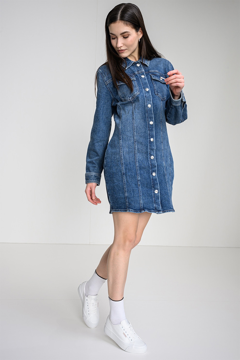 CALVIN KLEIN JEANS, Rochie-camasa din denim cu buzunare pe piept, Albastru melange, S