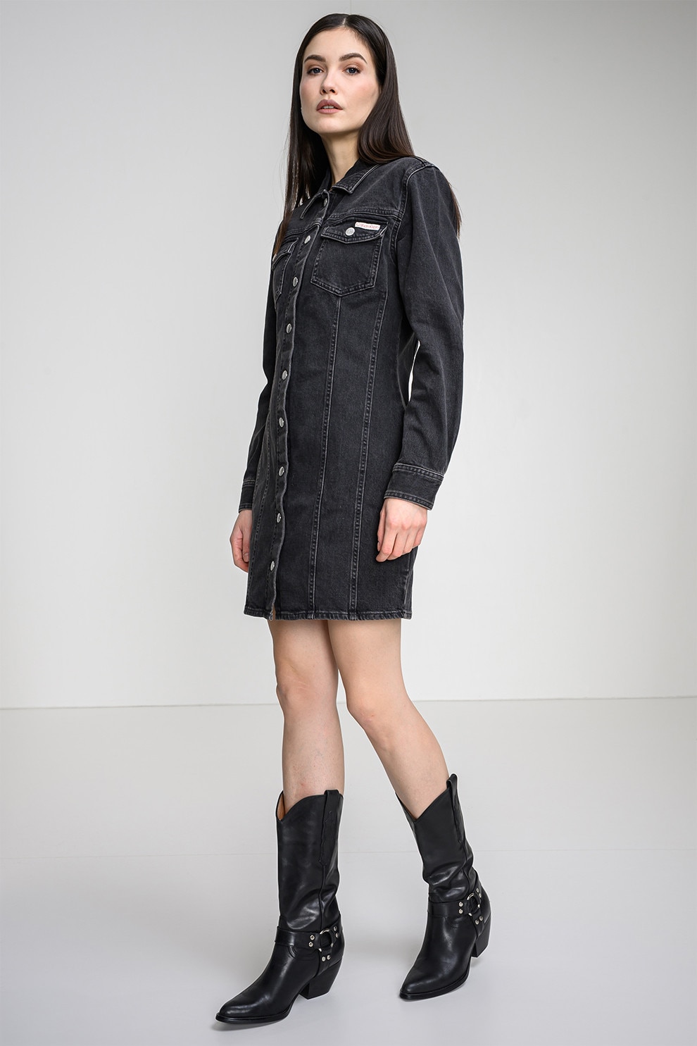 CALVIN KLEIN JEANS, Rochie-camasa din denim cu croiala dreapta, Negru stins, S