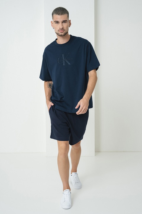 CALVIN KLEIN JEANS, Tricou cu decolteu la baza gatului si logo brodat, Albastru indigo