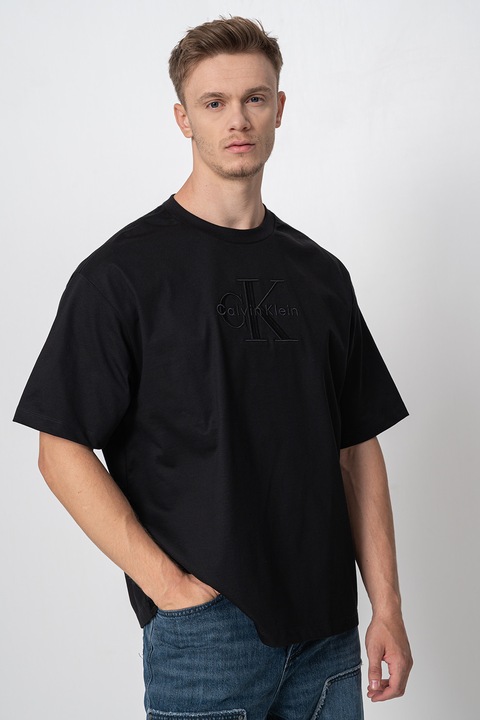 CALVIN KLEIN JEANS, Tricou cu decolteu la baza gatului si logo brodat, Negru
