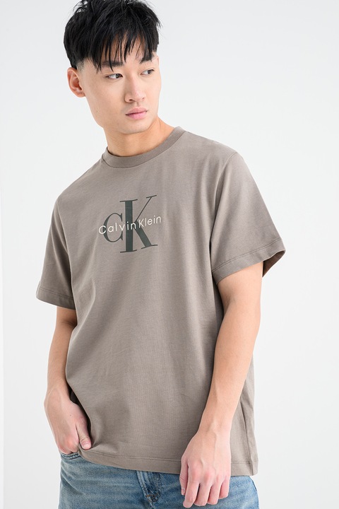 CALVIN KLEIN JEANS, Tricou din bumbac cu imprimeu logo, Maro taupe/Kaki inchis