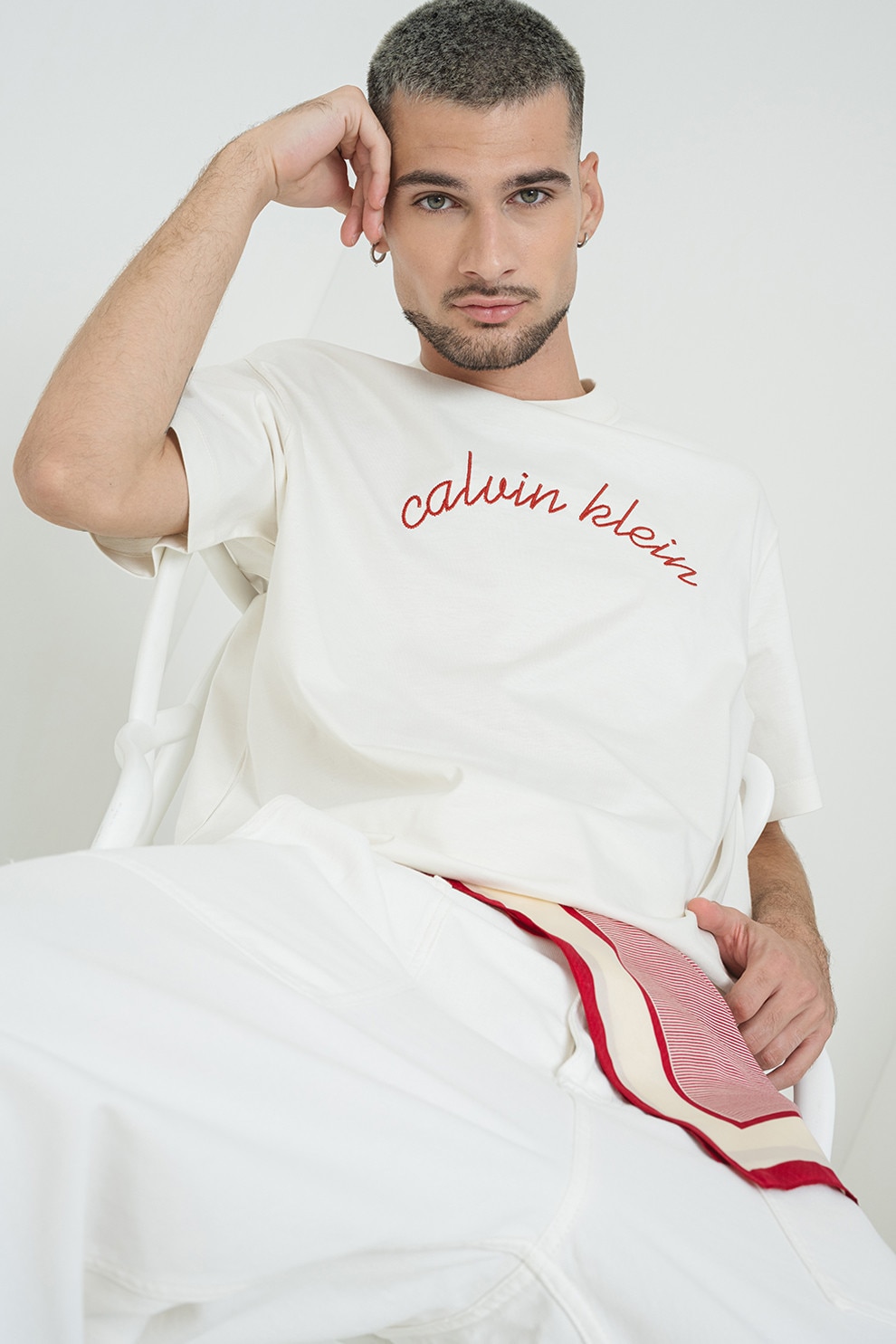 CALVIN KLEIN JEANS, Tricou din bumbac cu decolteu la baza gatului si broderie logo, Rosu, Alb murdar, M