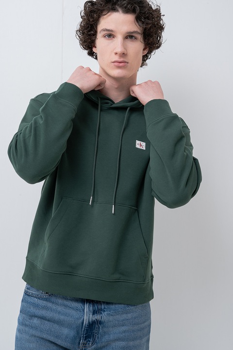 CALVIN KLEIN JEANS, Hanorac din bumbac cu buzunar kangaroo, Verde englez