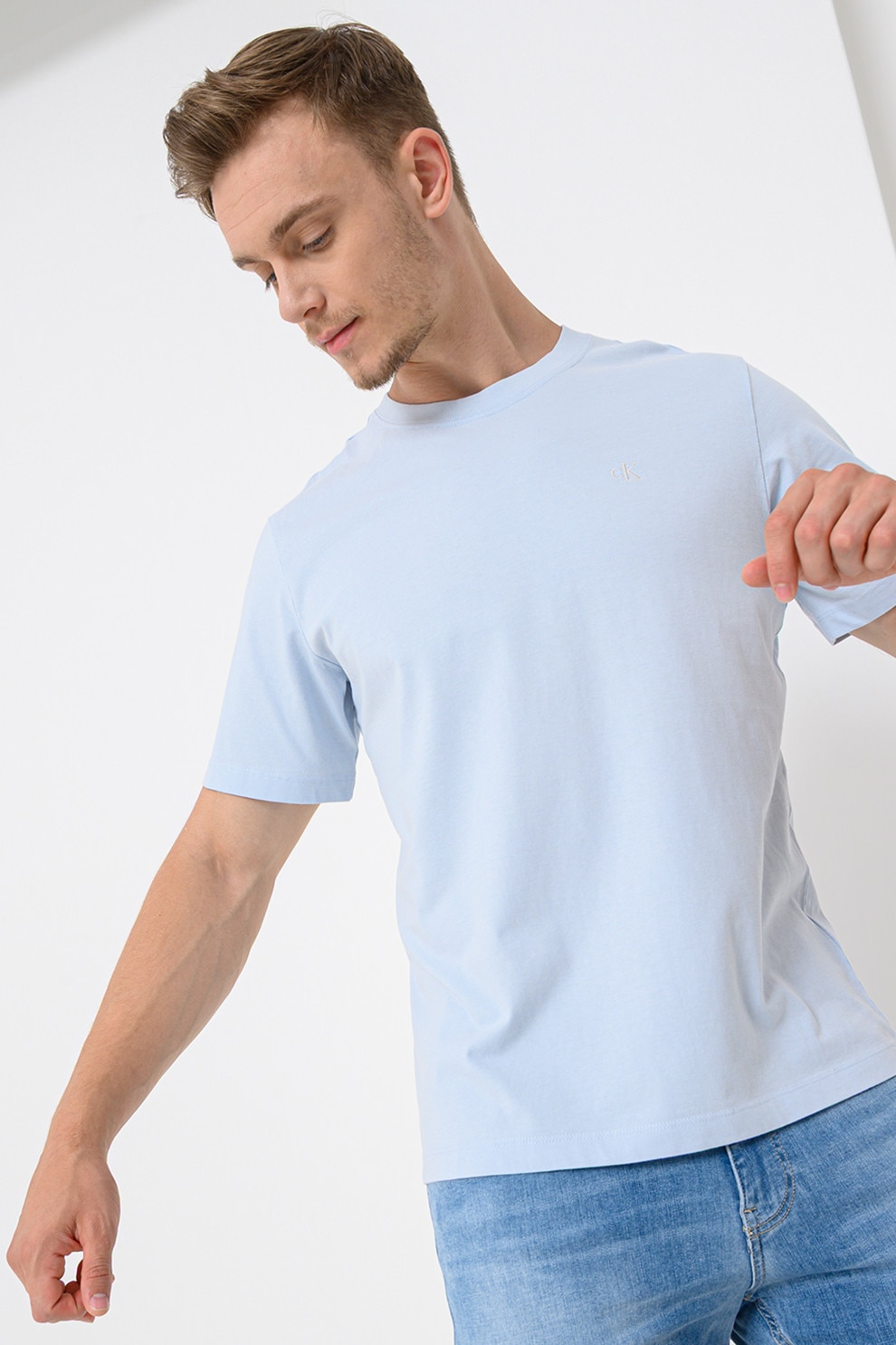 CALVIN KLEIN JEANS, Tricou din bumbac cu decolteu la baza gatului, Albastru deschis, L
