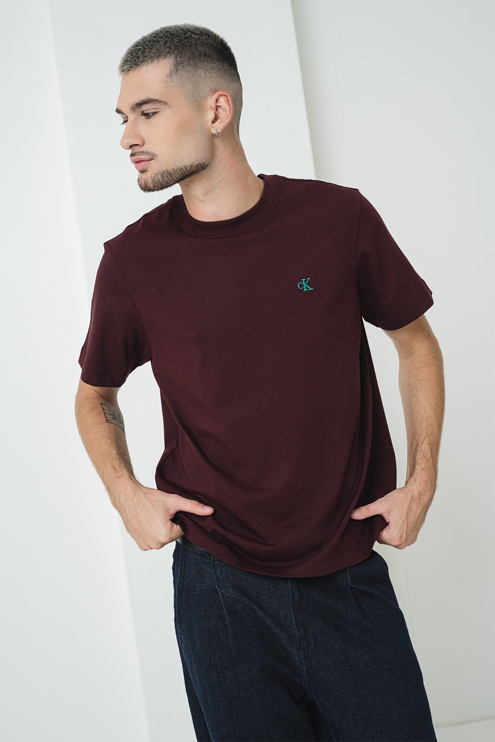 CALVIN KLEIN JEANS, Tricou din bumbac cu decolteu la baza gatului, Violet prafuit, S