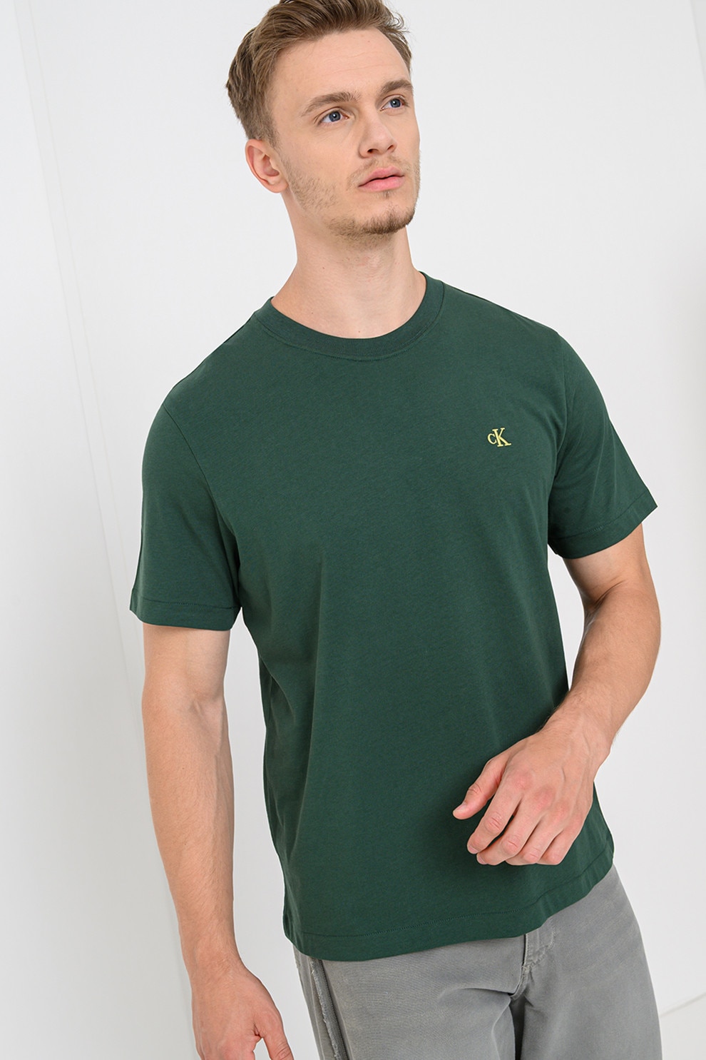 CALVIN KLEIN JEANS, Tricou din bumbac cu decolteu la baza gatului, Verde inchis, M