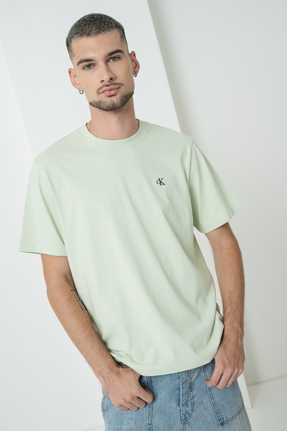 CALVIN KLEIN JEANS, Tricou din bumbac cu decolteu la baza gatului, Verde fistic, M