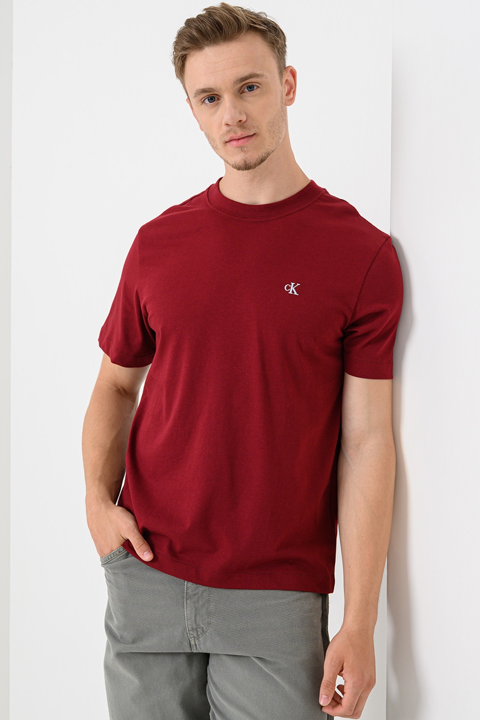 CALVIN KLEIN JEANS, Tricou din bumbac cu decolteu la baza gatului, Visiniu, L